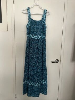 Linen Blend Blue Patterned Maxi Beach Dress with Wide Straps
